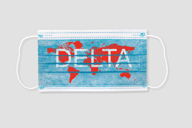 istock Face mask with world map and inscription DELTA . Covid 19 delta variant outbreak around the world 1330318019