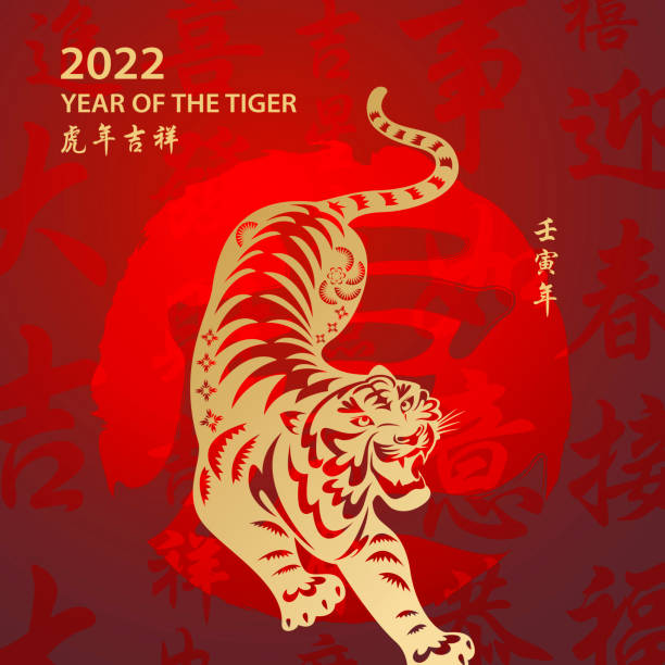 Celebrate the Year of the Tiger 2022 with gold colored tiger paper art and red stamp on the red Chinese language background, the background red stamp means tiger, the horizontal Chinese phrase means wish you luck in the year of the tiger and the vertical Chinese phrase means Year of the Tiger according to Chinese lunar calendar