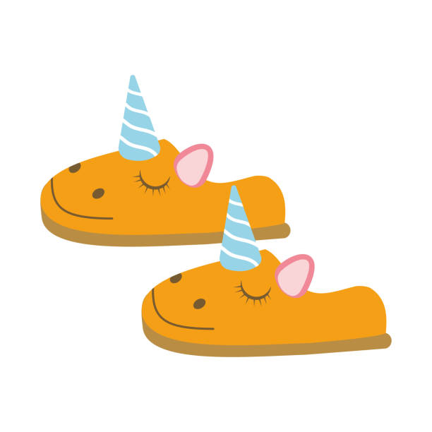 unicorns house slippers, color isolated vector illustration in the flat style unicorns house slippers, color isolated vector illustration in the flat style. woman feet bed stock illustrations