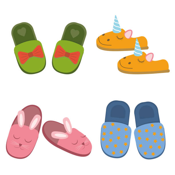 Set of home slippers, color isolated vector illustration in the flat style Set of home slippers, color isolated vector illustration in the flat style. woman feet bed stock illustrations
