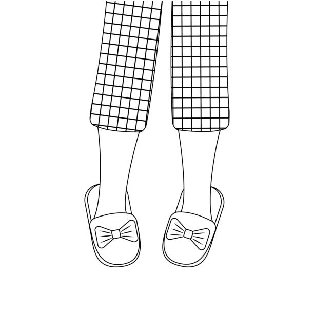 Legs of girls in pajamas and slippers, black outline, isolated vector illustration in the flat style Legs of girls in pajamas and slippers, black outline, isolated vector illustration in the flat style. woman feet bed stock illustrations