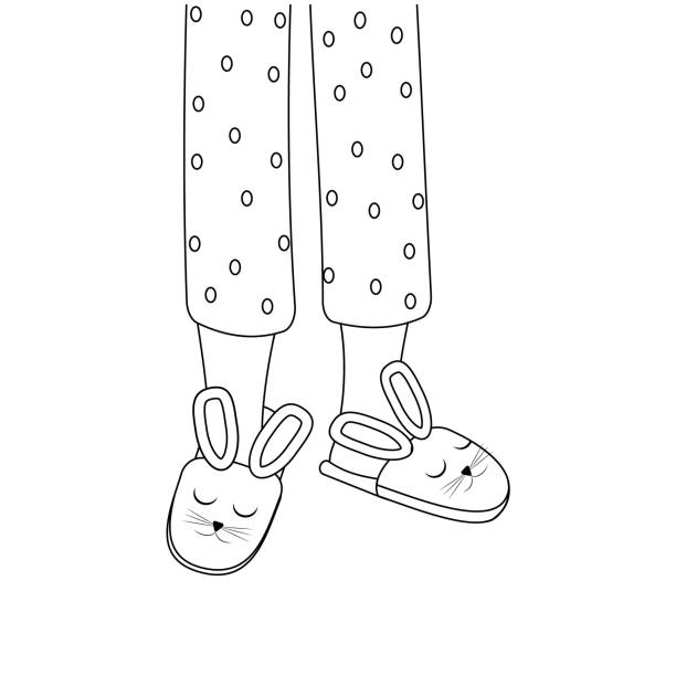 Legs of girls in pajamas and slippers, black outline, isolated vector illustration in the flat style Legs of girls in pajamas and slippers, black outline, isolated vector illustration in the flat style. woman feet bed stock illustrations