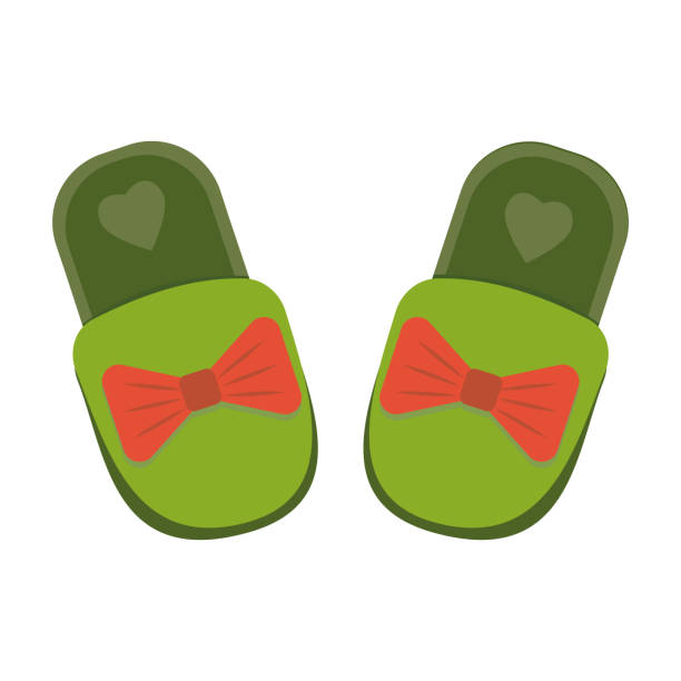 home slippers with a bow, color isolated vector illustration in the flat style home slippers with a bow, color isolated vector illustration in the flat style. woman feet bed stock illustrations