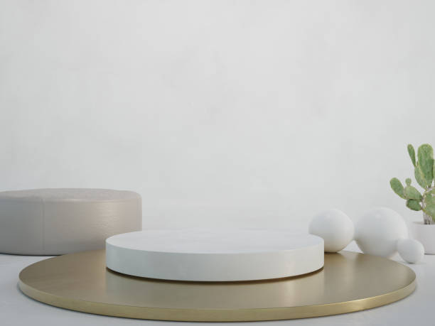 istock Round white marble podium with a metallic gold base on concrete floor and empty wall background in luxury studio scene. 1330321837