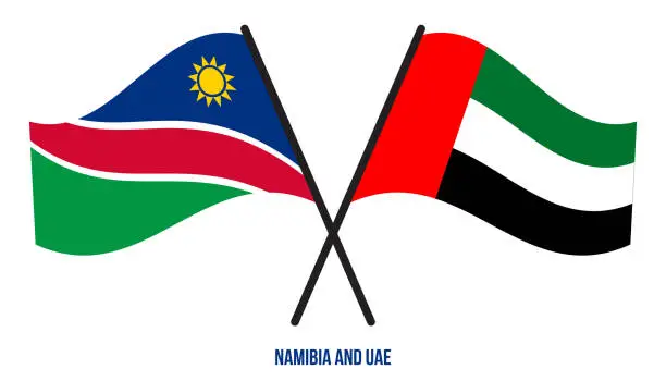 Vector illustration of Namibia and UAE Flags Crossed And Waving Flat Style. Official Proportion. Correct Colors.