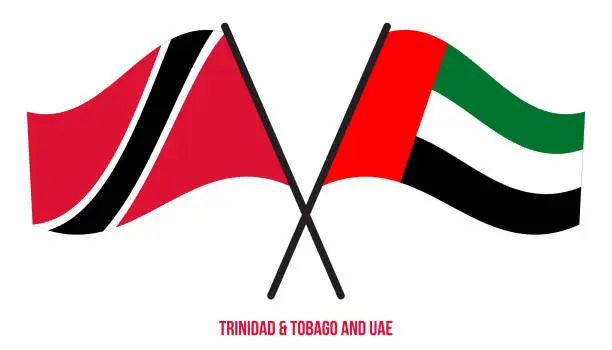Vector illustration of Trinidad & Tobago and UAE Flags Crossed And Waving Flat Style. Official Proportion.