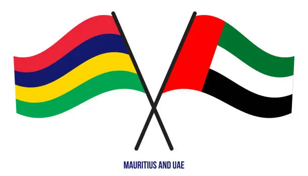 Vector illustration of Mauritius and UAE Flags Crossed And Waving Flat Style. Official Proportion. Correct Colors.