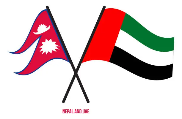 Vector illustration of Nepal and UAE Flags Crossed And Waving Flat Style. Official Proportion. Correct Colors.