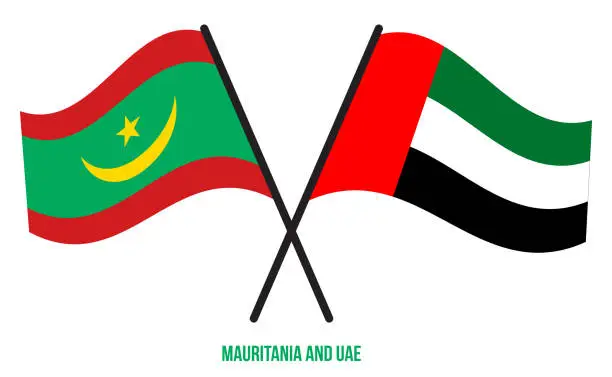 Vector illustration of Mauritania and UAE Flags Crossed And Waving Flat Style. Official Proportion. Correct Colors.