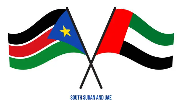 Vector illustration of South Sudan and UAE Flags Crossed And Waving Flat Style. Official Proportion. Correct Colors.