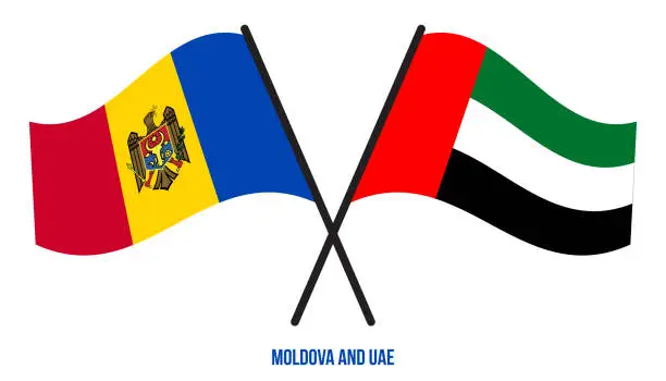 Vector illustration of Moldova and UAE Flags Crossed And Waving Flat Style. Official Proportion. Correct Colors.