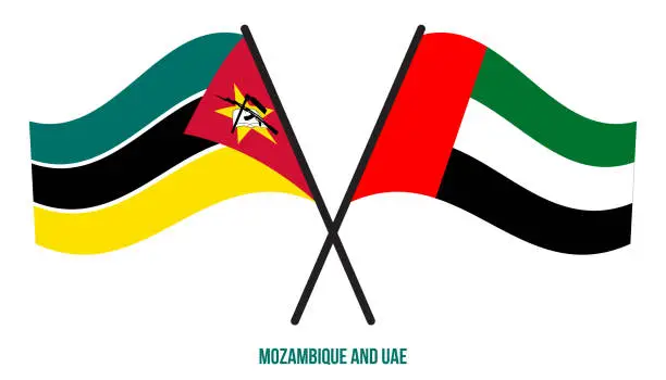 Vector illustration of Mozambique and UAE Flags Crossed And Waving Flat Style. Official Proportion. Correct Colors.