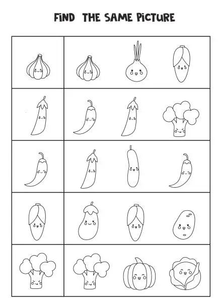 Vector illustration of Find two the same vegetables. Black and white worksheet.