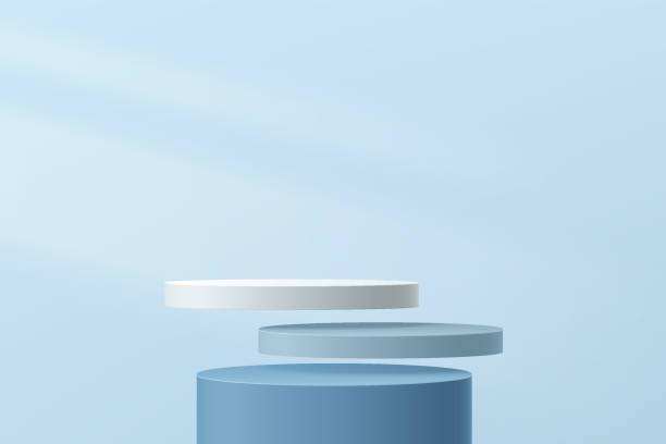 istock Abstract 3D white and blue cylinder pedestal podium floating on air with pastel blue minimal wall scene and lighting. Vector rendering geometric platform for cosmetics product display presentation. 1330328452
