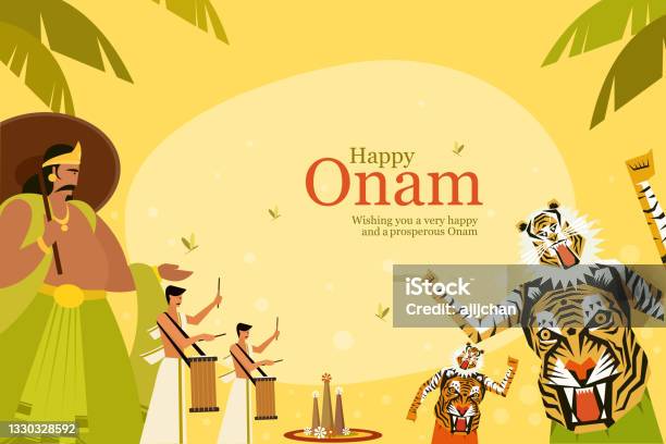 Onam Festival Greeting Background With King Mahabali And Traditional Art  Forms Onam Is A Harvest Festival In Kerala India Stock Illustration -  Download Image Now - iStock