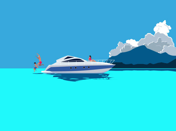 Family boating vacation Family spending time on board of a generic small yacht or powerboat in a tropical landscape, EPS 8 vector illustration, no real product or place depicted family vacations stock illustrations
