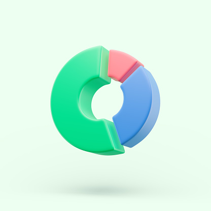 3D rendered pie chart in green colors with different sized parts on a green background. Illustration of improvement, percentage options, and analytics. Visualization of results and graphics.