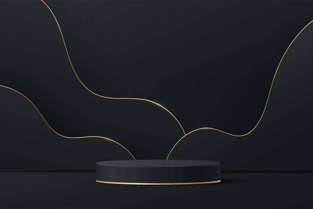 istock Abstract 3D black cylinder pedestal podium with golden line and wavy shape layers backdrop. Luxury dark minimal wall scene for product display presentation. Vector rendering geometric platform design. 1330330812