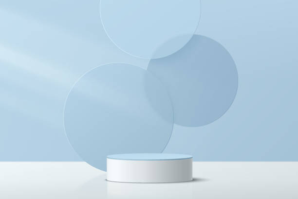 абстрактный 3d сине-белый цилиндрический пьедестал подиума с синим стек�лянным кругом слоев фона. пастело-голубая минимальная настенная сце - color display stock illustrations