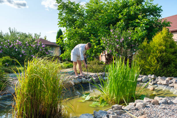 istock man cleans garden pond bottom with high-pressure washer from mud and sludge. 1330332570