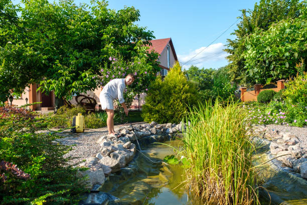 istock man cleans garden pond bottom with high-pressure washer from mud and sludge. 1330332679