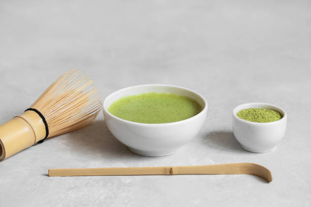 istock Matcha green tea. Set for a Japanese tea ceremony on a gray concrete background. Copy space 1330333969