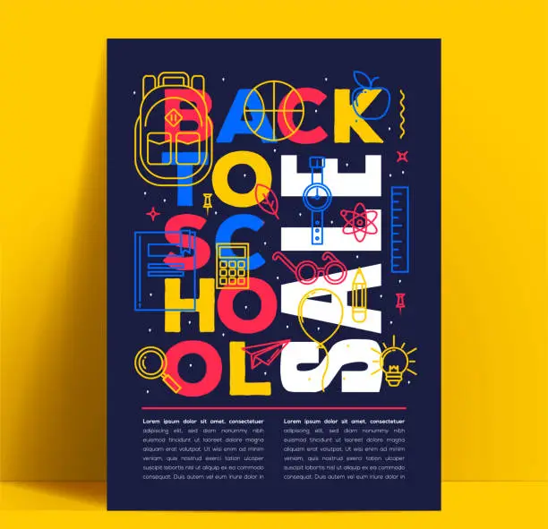 Vector illustration of Back to school sale flyer or banner or poster design template with bright colored lettering and thin line icons or dark background. Vector illustration