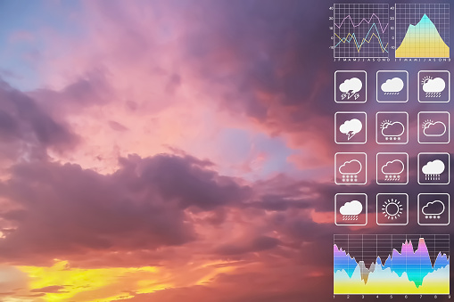 Weather forecast symbol data presentation with graph and chart on dramatic atmosphere panorama view of colorful twilight tropical sky for meteorology presentation and report background