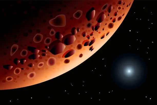 Vector illustration of Mars. Solar system planet. Big red planet landscape. Abstract scientific background.