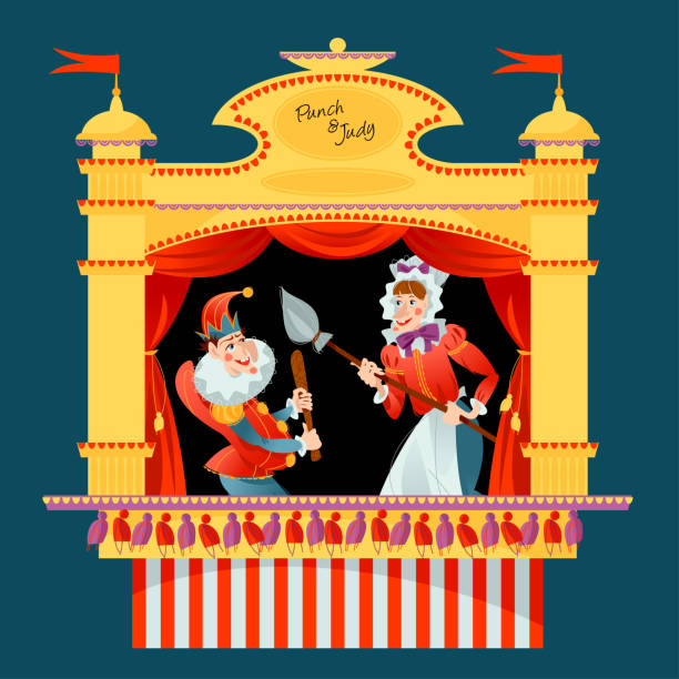 Traditional puppet show featuring Mr. Punch and his wife Judy. Traditional puppet show featuring Mr. Punch and his wife Judy. Vector illustration slapstick comedy stock illustrations