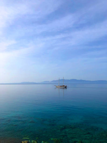 Seascape with wooden boat in Gökova Bay, Bodrum