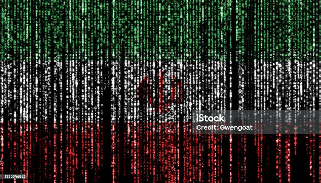 Hacked by Iran Flag of Iran on a computer binary codes falling from the top and fading away. Iran Stock Photo