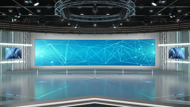 istock Virtual TV Studio News Set 3. Green screen background. 3d Rendering. 1330350803