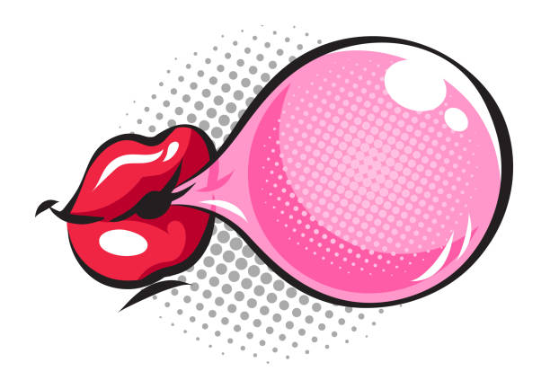 Lips blowing pink bubble gum. Vector pop art illustration isolated on a white background. Woman's red lips with pink bubble gum. Sticker, icon, comic style. chewing gum stock illustrations