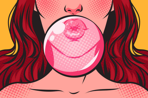 nahaufnahme einer frau, die mit einem rosa kaugummi eine blase bläst. pop art comic vektor illustration. - woman face close up stock-grafiken, -clipart, -cartoons und -symbole