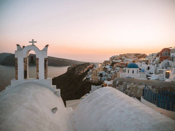 istock Oia town at sunset, Santorini, Greece, view from church 1330351237