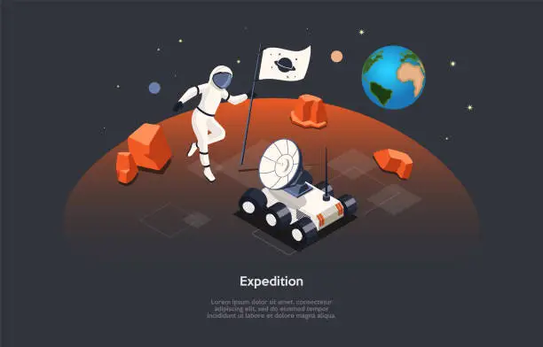 Vector illustration of Isometric Illustration. Vector Cartoon Style Composition, 3D Design. Characters, Writing And Elements On Dark Background. Space Expedition, Cosmos Exploration Process, Astronaut On Planet Surface.