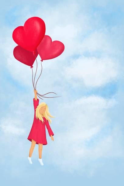 ilustrações, clipart, desenhos animados e ícones de a garotinha está voando em balões. ilustrações do dia dos namorados. - i love you cartoon love little girls