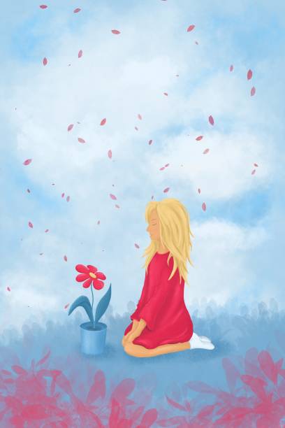 ilustrações, clipart, desenhos animados e ícones de a garotinha está sentada perto de um vaso de flores. ilustrações do dia dos namorados. - i love you cartoon love little girls