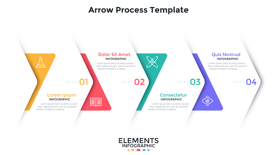 Process chart with 4 overlaying paper white arrows placed in horizontal row. Concept of four steps of business strategy. Flat infographic design template. Simple vector illustration for presentation.