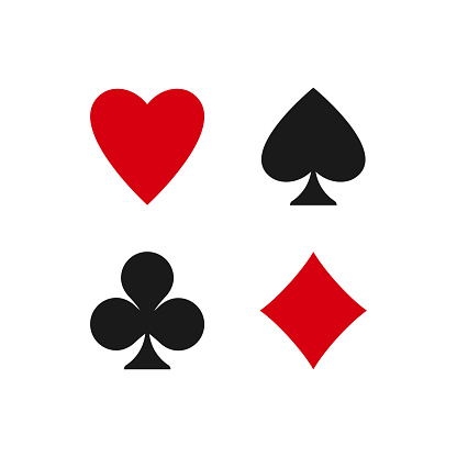 Poker playing cards suits symbols - Spades, Hearts, Diamonds and Clubs. Playing card deck icons isolated on white. Casino, game, party symbol.