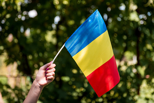 A female hand with painted nails holds the national flag of Romania, with lush green foliage defocused in the background.