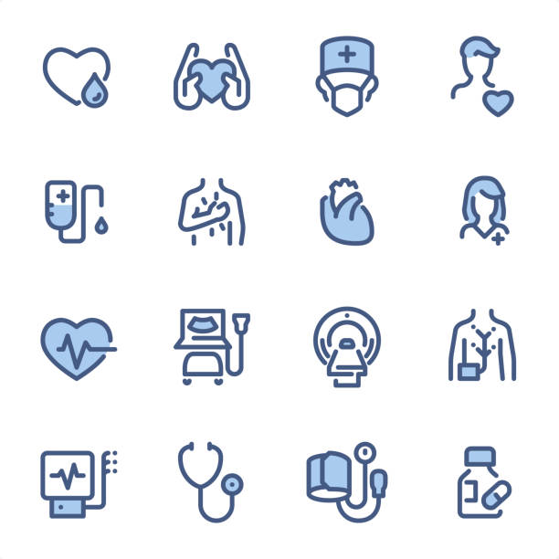kardiologie - pixel perfect blue line icons - herzoperation stock-grafiken, -clipart, -cartoons und -symbole