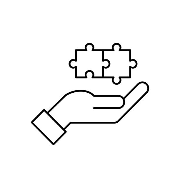 ilustrações de stock, clip art, desenhos animados e ícones de provide solution line icon. hand holding puzzle pieces. solving problem concept. - coordination