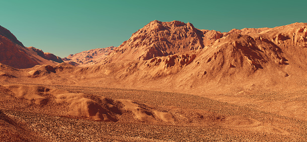 Mars planet landscape, 3d render of imaginary mars planet terrain, orange eroded desert with mountains, realistic science fiction illustration.