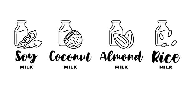 ilustraciones, imágenes clip art, dibujos animados e iconos de stock de conjunto de logotipos de leche de soja, almendras, coco y arroz. elementos de insignia de diseño lineal para envases de bebidas vegetarianas sin lácteos de lactosa. ilustración eps de la colección de logotipos dibujados a mano de bebidas veganas saluda - soybean merchandise soy milk milk