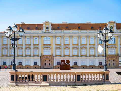 Timisoara, Romania - 06.19.2021: Timioara Art Museum elegant baroque palace building located in Union Square, Timisoara.