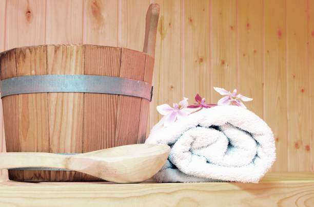 istock Finnish sauna with infusion and towel 1330364764