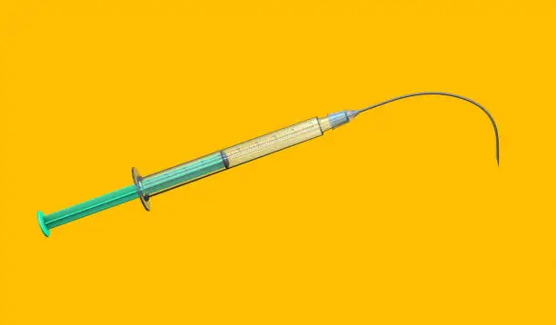 The injection needle of a syringe loses its strength and bends downwards - 3d illustration