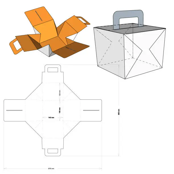Vector illustration of Folding Box With Handle (Internal measurement 14x14x12cm) and Die-cut Pattern. The .eps file is full scale and fully functional. Prepared for real cardboard production.